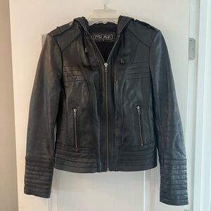 7th Ave Black Hooded Leather Biker Bomber jacket size S made in Pakistan